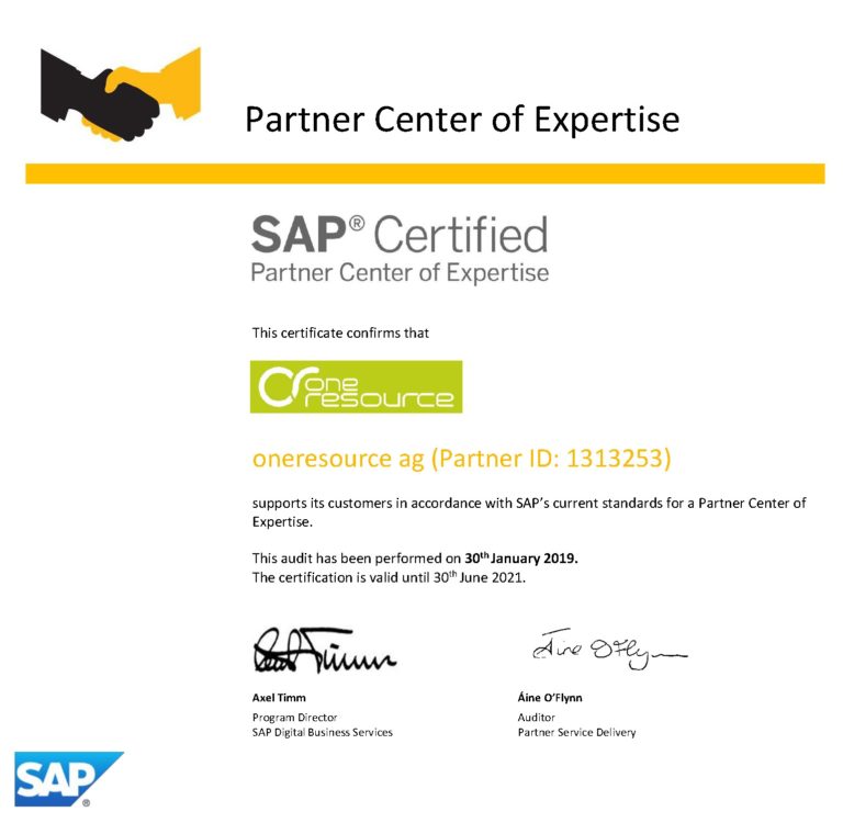 Ausgezeichnet: Service und Support von oneresource erhalten wieder das PCoE-Zertifikat von SAP